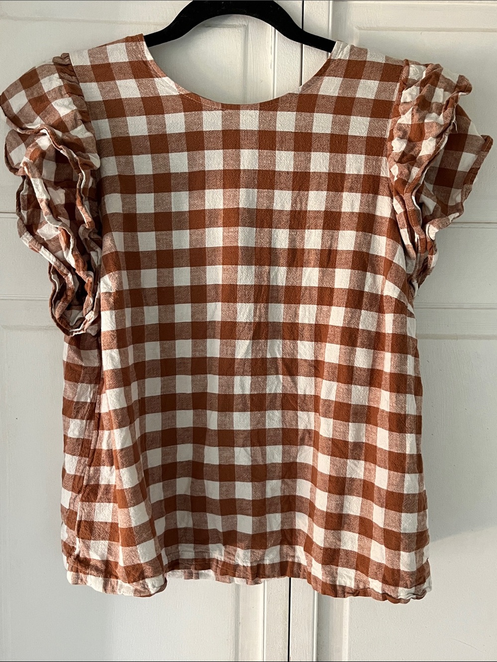 a new day Rust and White Gingham Ruffle Sleeve Blouse